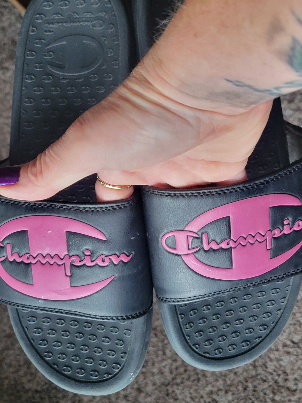 Champion Women's Black Slide Sandals with Pink Logo